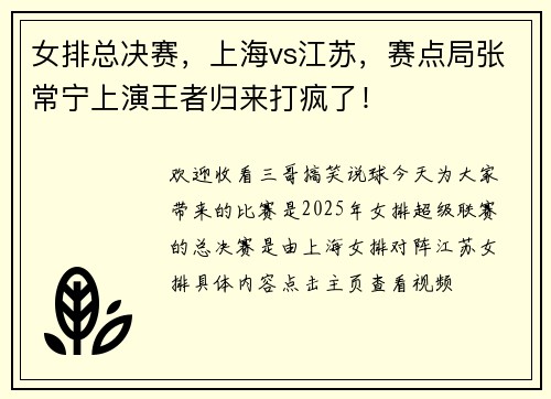 女排总决赛，上海vs江苏，赛点局张常宁上演王者归来打疯了！