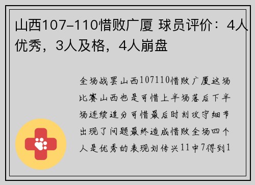 山西107-110惜败广厦 球员评价：4人优秀，3人及格，4人崩盘