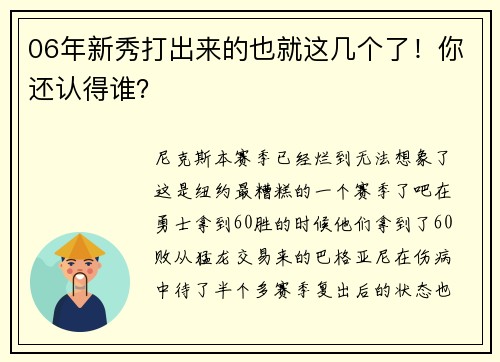 06年新秀打出来的也就这几个了！你还认得谁？